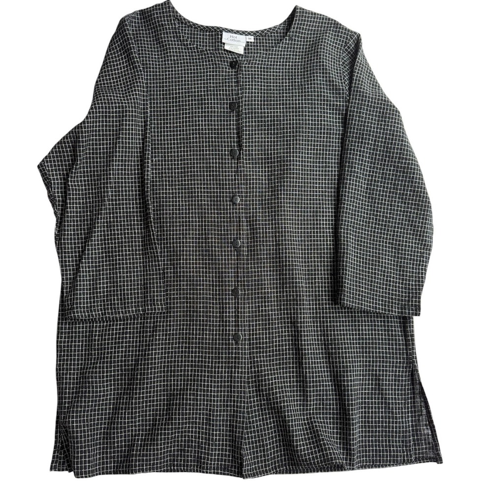 Hot Cotton Linen Cotton Grid Tunic Button Front Black White Top Womens Medium